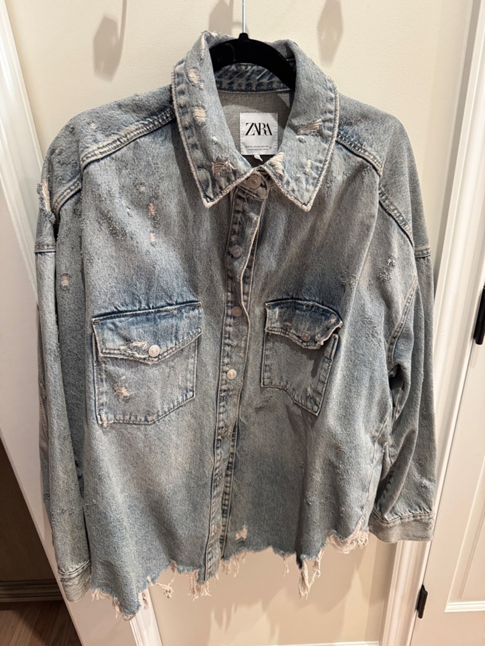 Zara Light Wash Distressed Denim Shirt Jacket